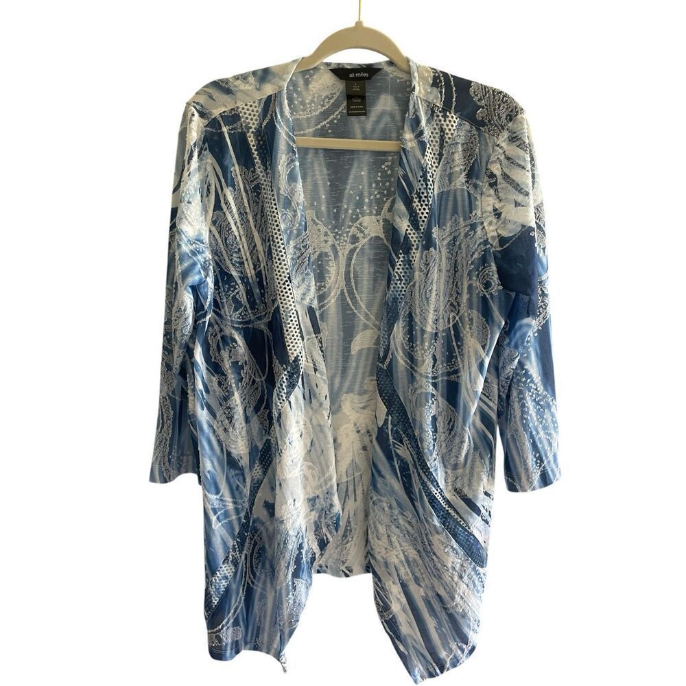 Ali Miles Blue Kimono Cardigan Women’s Large Resort Wear Sheer Swimsuit Coverup